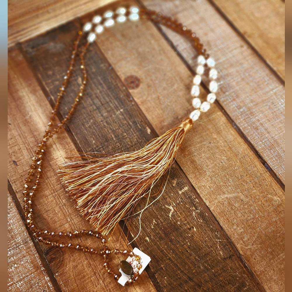 Zacasha Boho Faceted Crystal and Pearl Tassel Drop Necklace Orange Amber NWT